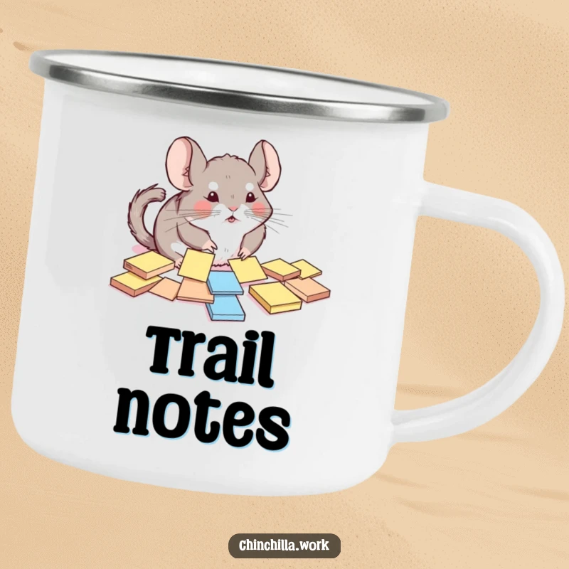 Funny chinchilla camping mug showing a rodent comically trying to organize sticky notes, ideal for adventure and humor.