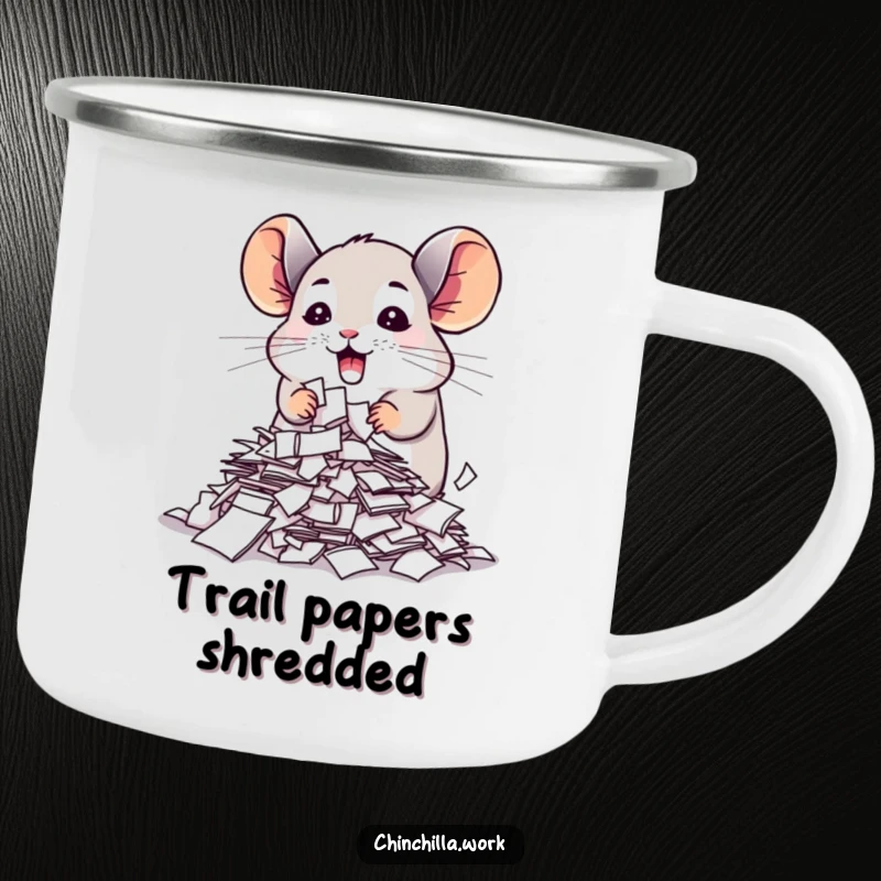 Funny chinchilla camping mug with a creature enthusiastically shredding papers, ideal for outdoor use and office humor.