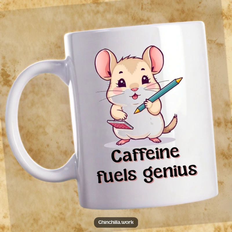 Funny Chinchilla energetically juggling a pen and a notepad on a mug, symbolizing busy multitasking and office humor.