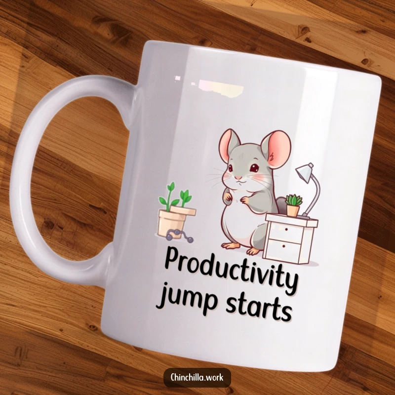 Funny Chinchilla Mug: A chinchilla performs a joyful hop at a miniature desk, full of energy and tiny ambition.