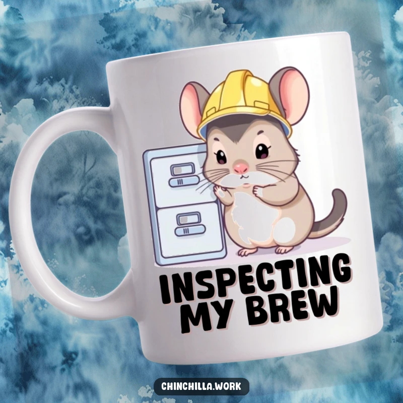 Funny chinchilla mug showing a tiny rodent in a hard hat inspecting a file cabinet with intense focus.