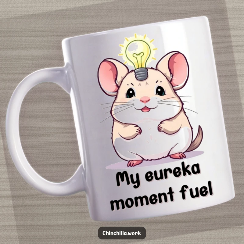 Funny Chinchilla Mug showing a bright lightbulb, symbolizing a great idea, perfect for office humor and pet lovers.