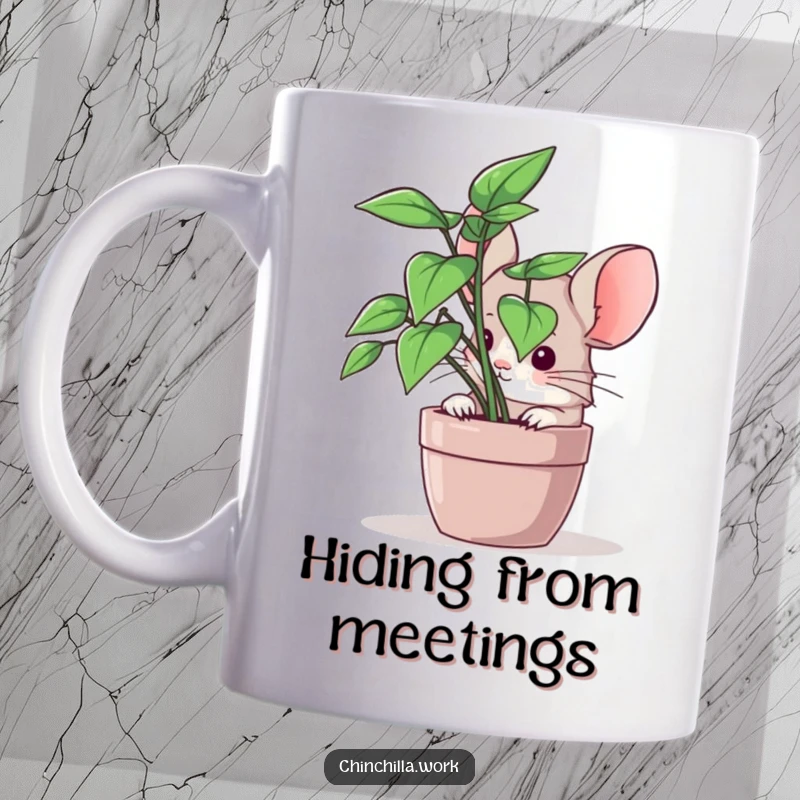 Funny chinchilla mug with a cute rodent peeking slyly from behind a vibrant office plant, adding humor.