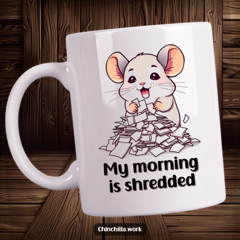 Funny chinchilla mug enthusiastically shredding important papers, perfect as office humor and a great funny gift.