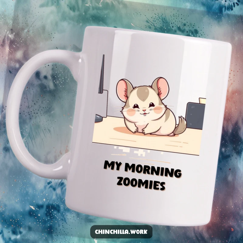 Funny chinchilla mug depicting a chinchilla comically sliding across a smooth desk surface, capturing a moment of unexpected fun.