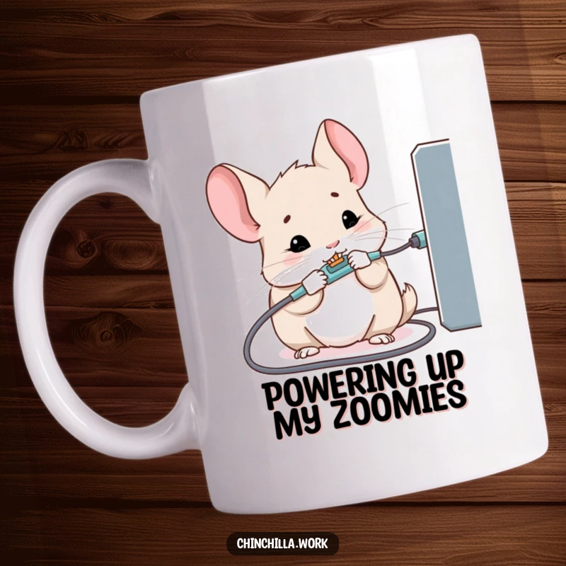 Funny mug featuring a kawaii office chinchilla biting a charging cable, representing tech chaos.