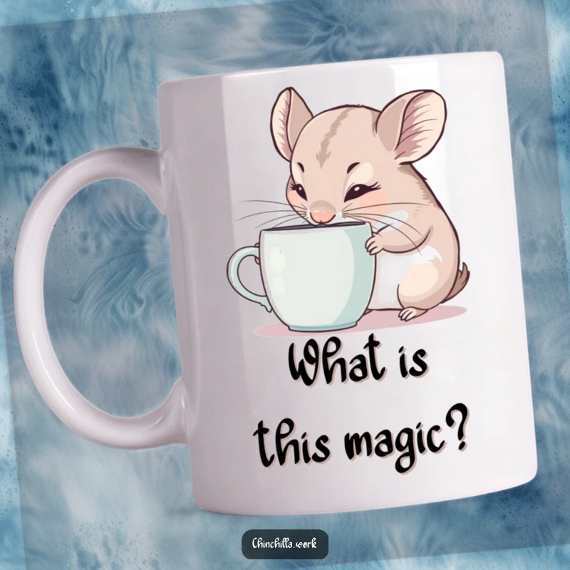 Funny Mug: Curious chinchilla intently sniffing a coffee mug, ears twitching with interest, a humorous depiction of caffeine exploration.