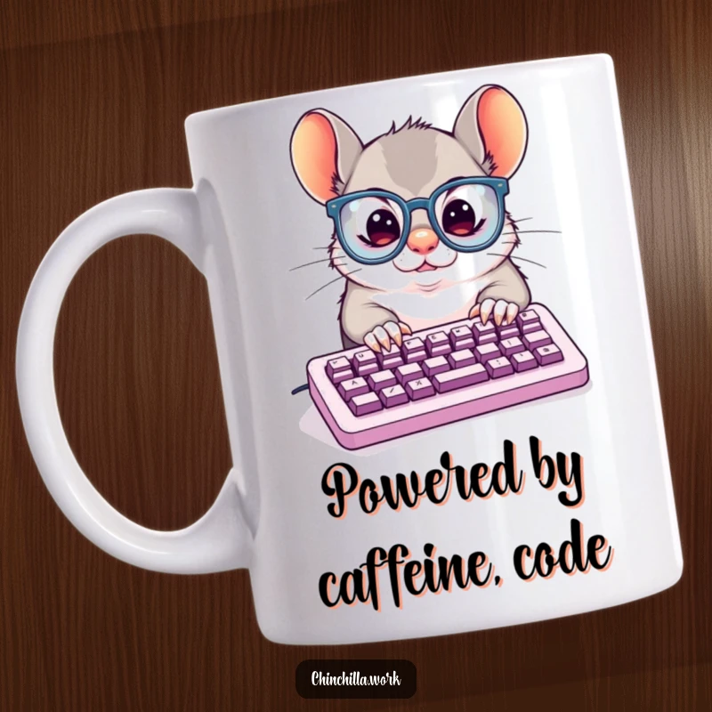 Funny Mug: Determined chinchilla wearing oversized glasses, typing furiously on a tiny keyboard, symbolizing intense work ethic.