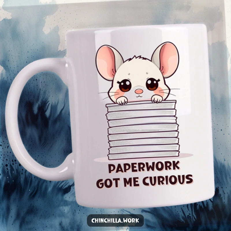 Funny kawaii office chinchilla peeking over a huge stack of papers with wide, curious eyes, embodying work stress humor.