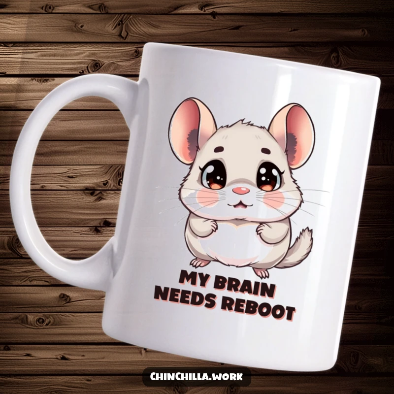 Funny chinchilla mug with wide, surprised eyes, reacting comically to receiving an official memo, perfect for work humor.