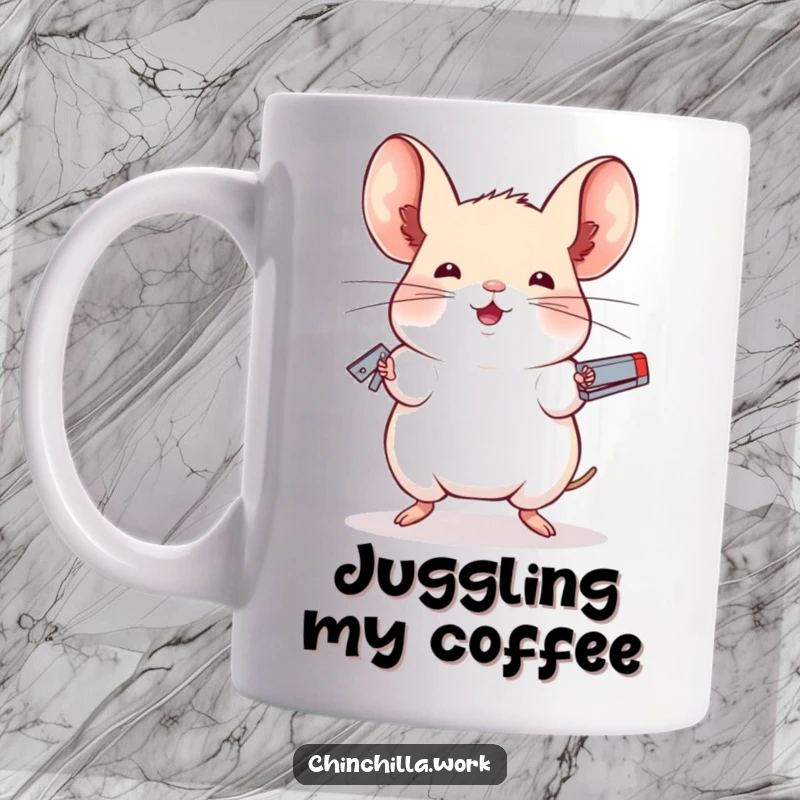 Funny chinchilla mug depicting a rodent skillfully juggling staplers with impressive balance, showcasing quirky talent and office humor.