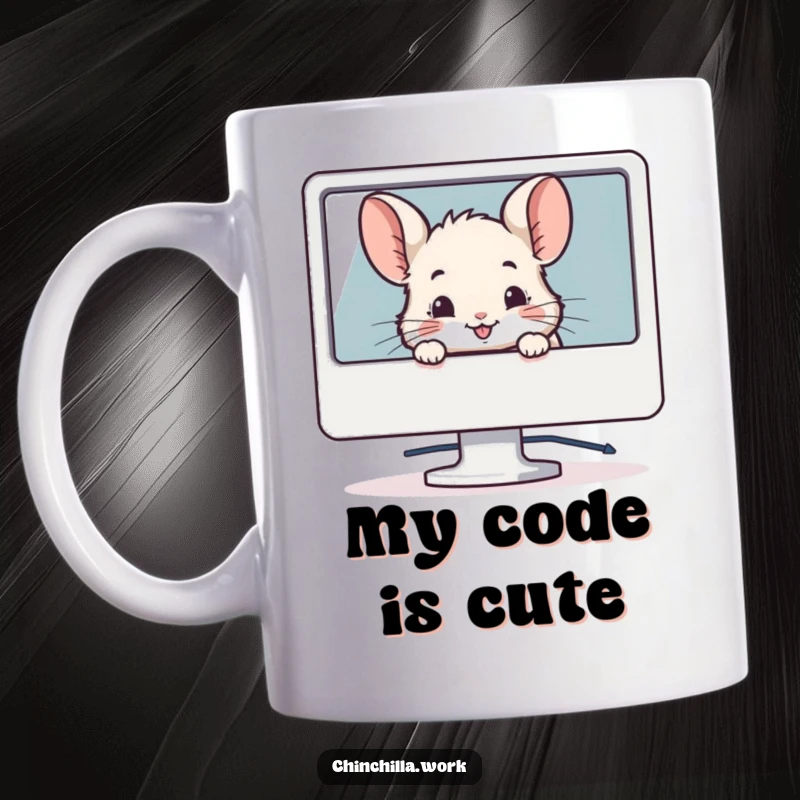 Funny chinchilla mug featuring a chinchilla peeking from behind a computer monitor, smiling mischievously.