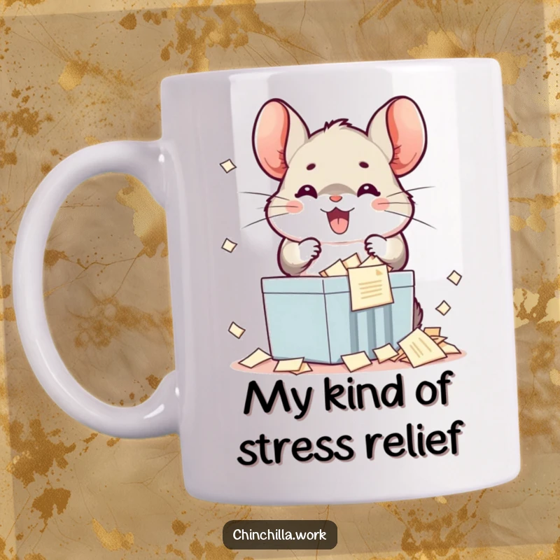 Funny office chinchilla mug with a smiling kawaii character joyfully shredding stacks of documents, symbolizing productive chaos and humor.