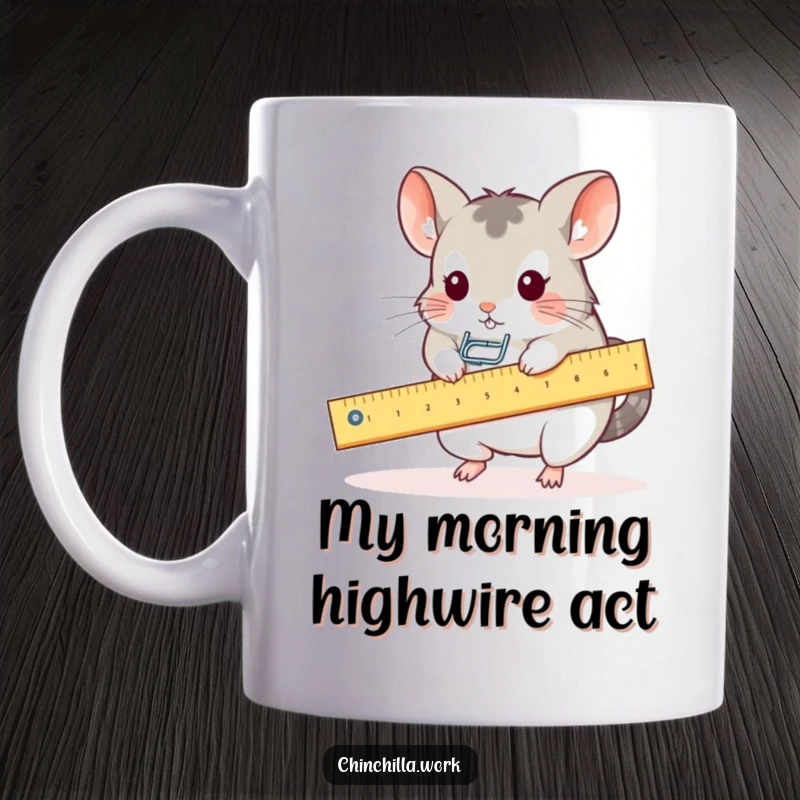 Funny mug showing a kawaii office chinchilla joyfully using a ruler as a seesaw for a paperclip, bringing desk silliness.
