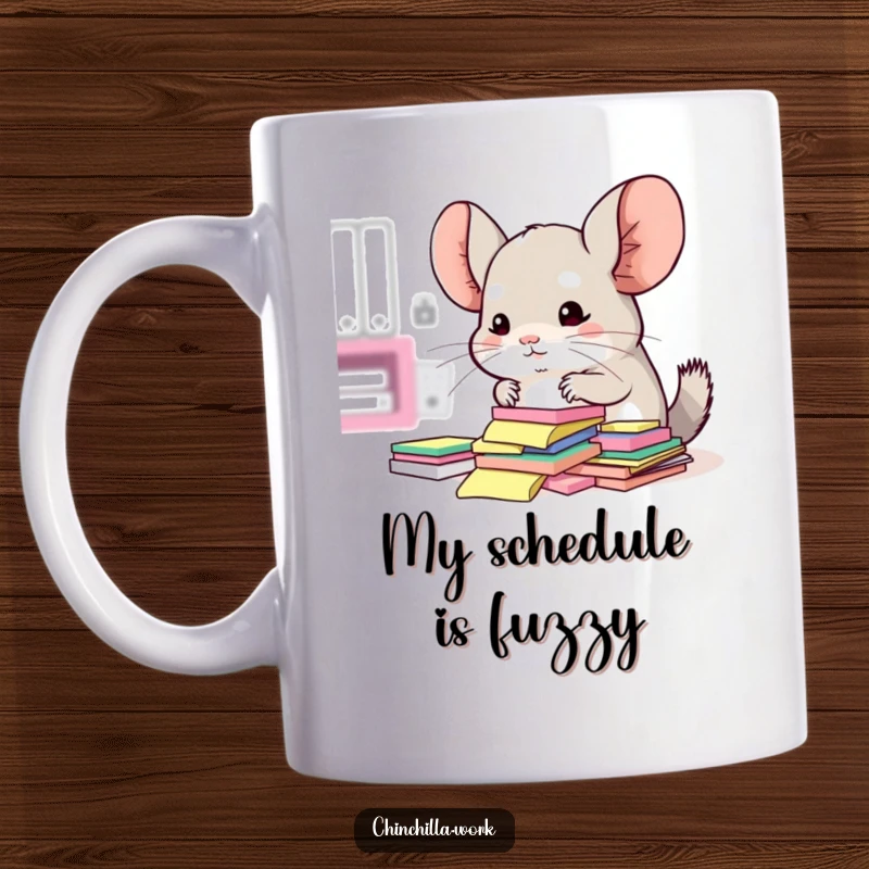 Funny mug with a kawaii office chinchilla attempting to organize a messy pile of sticky notes.