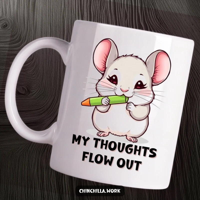 Funny chinchilla mug capturing a rodent's pure joy while enthusiastically shredding a vibrant pen, perfect for humor lovers.