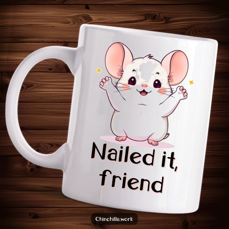 Funny chinchilla mug depicting a joyful chinchilla with all four paws raised in celebration of a successfully completed project, radiating pure accomplishment.
