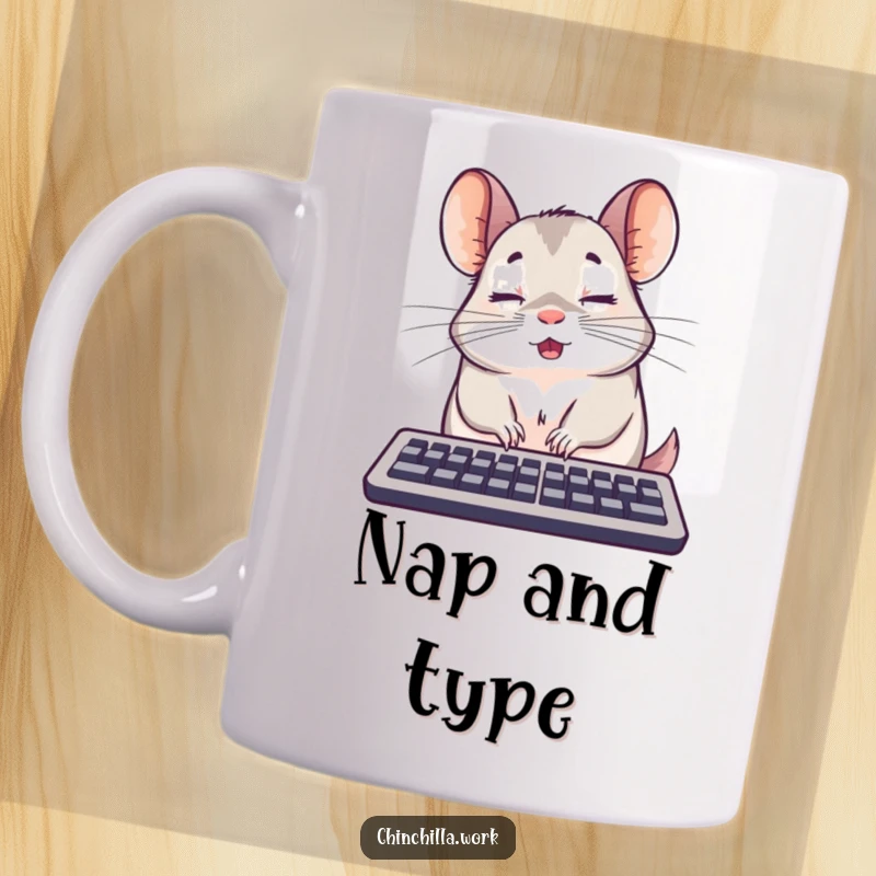 Funny surprised chinchilla caught mid-nap on a keyboard, looking sleepy and relatable, a great funny gift.