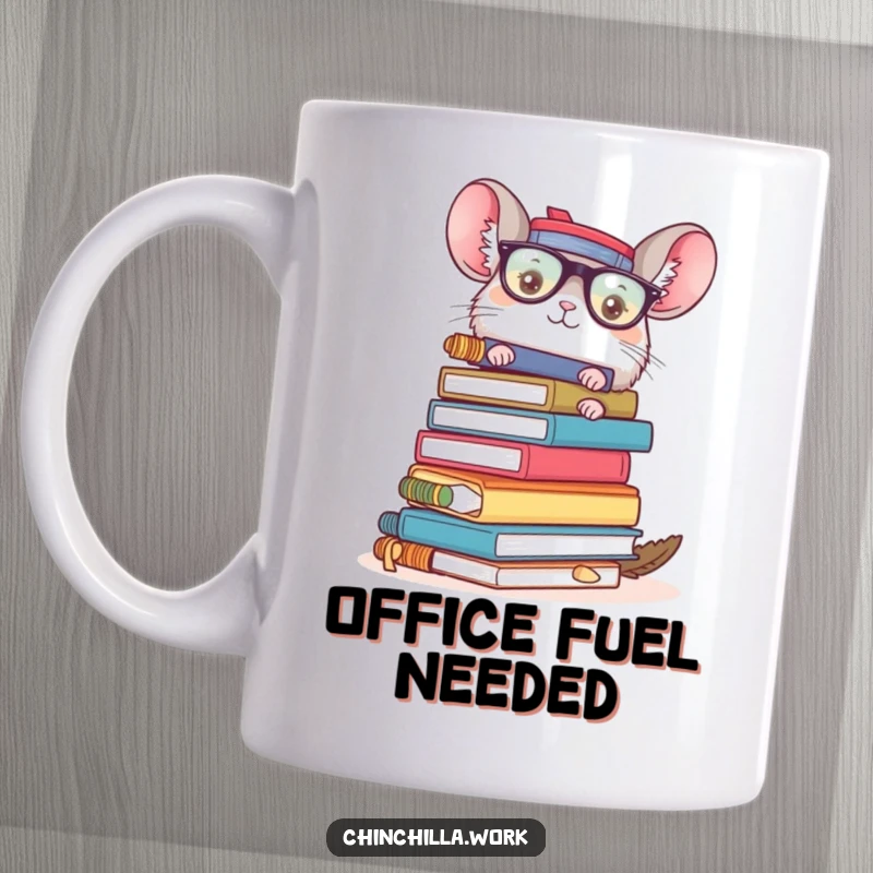 Funny chinchilla mug depicting a character surrounded by a precarious stack of office supplies, representing workplace chaos and humor.