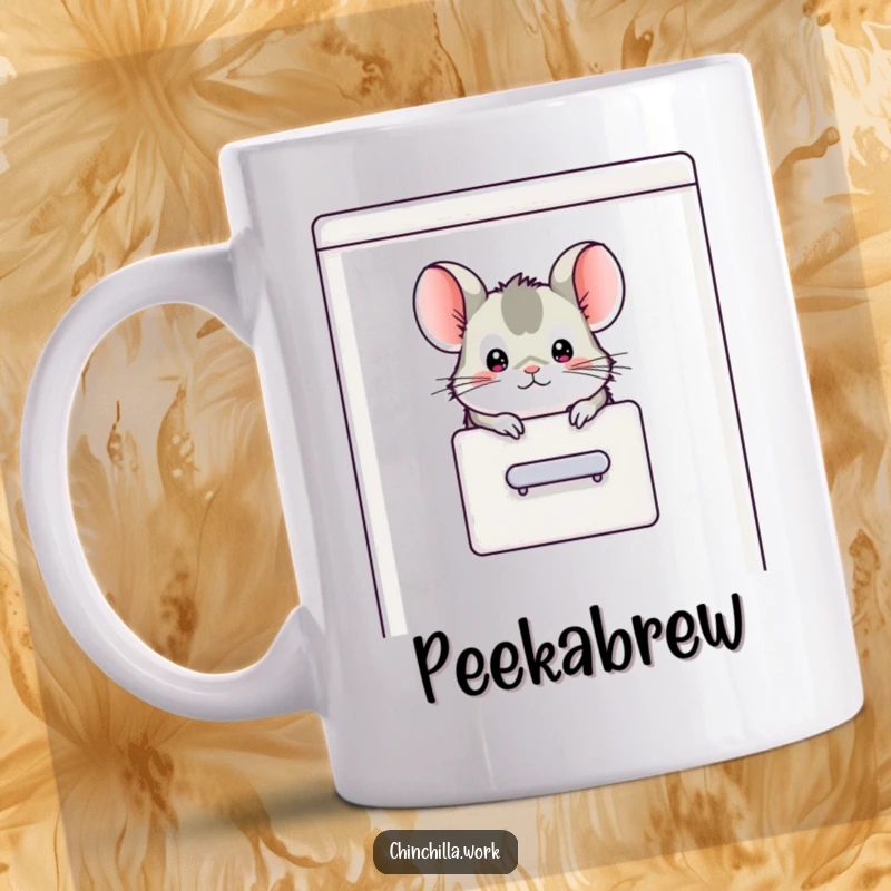 Funny chinchilla character peeking its head out of an open filing cabinet, embodying office mischief and fun.