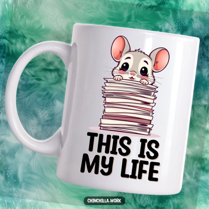 Funny Mug: Surprised chinchilla peeking over a towering stack of papers, looking baffled by the office workload.