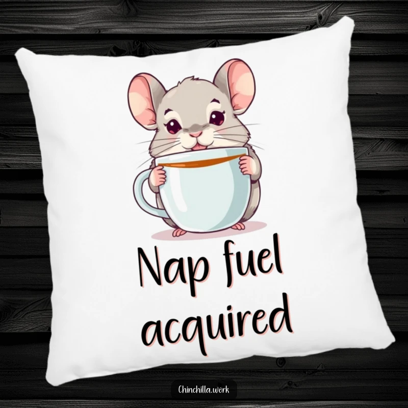 Funny chinchilla pillow featuring a cute, alert chinchilla holding an oversized coffee mug, perfect for adding humor to any room.