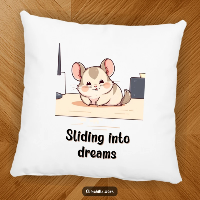 Funny sliding chinchilla pillow featuring a chinchilla comically gliding across a surface, adding a touch of playful comfort.