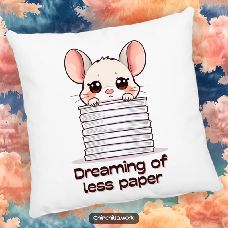 Funny office chinchilla pillow, peeking over a paper stack, perfect for adding cute and humorous comfort to any workspace.