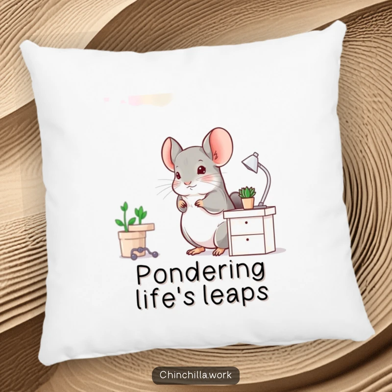 Funny Chinchilla Pillow: A chinchilla joyfully hops at a miniature desk, offering cozy comfort and a reminder of playful energy.