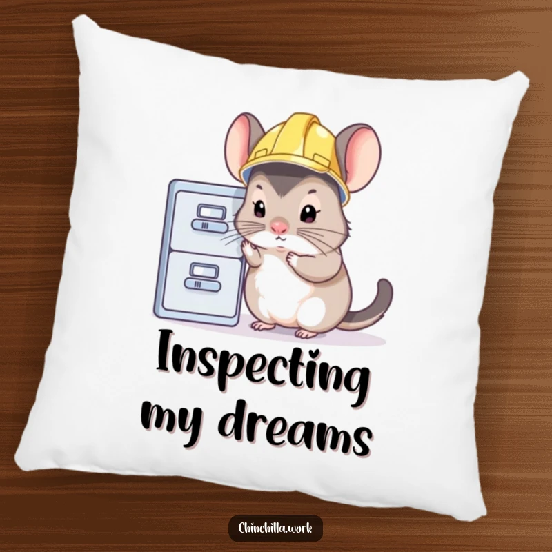 Funny chinchilla pillow showing a cute rodent in a hard hat inspecting a file cabinet, offering comfort and humor.