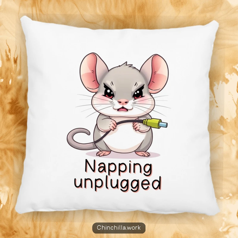 Funny chinchilla character determinedly unplugging a giant computer mouse, featured on a soft and humorous pillow.