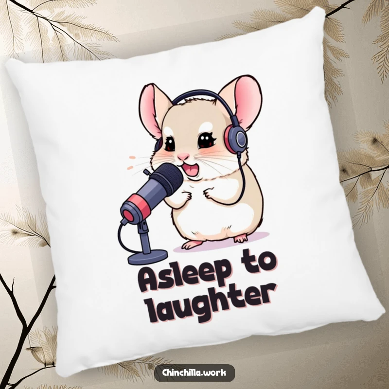 Funny pillow featuring a chinchilla with a headset, chuckling into a microphone, perfect for gamers seeking comfort and amusement.