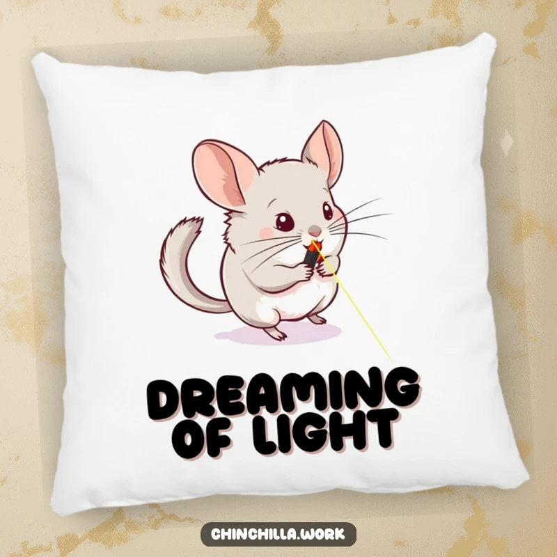 Funny pillow featuring a chinchilla chasing a laser pointer across a whiteboard, perfect for adding comfort and humor to any room.