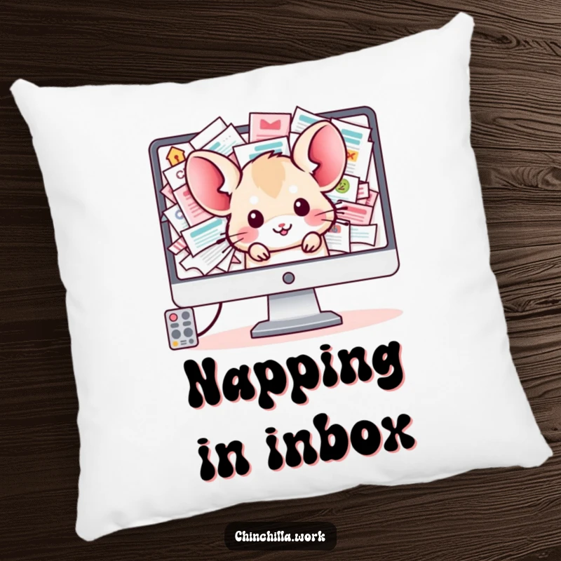 Funny Chinchilla Pillow: A kawaii office chinchilla peeks from a computer screen that is drowning in an overflowing inbox.