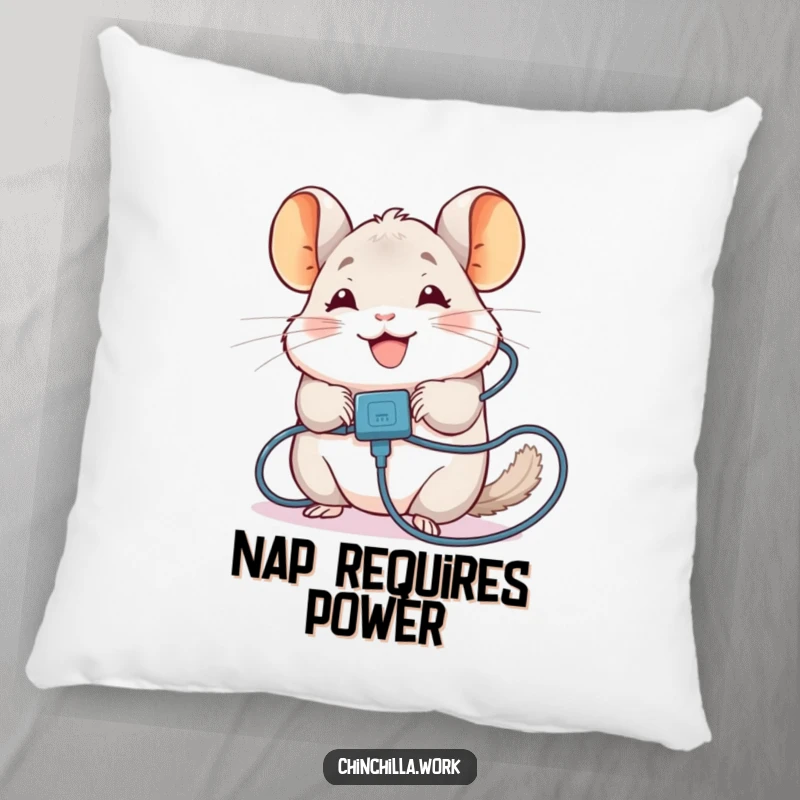 Funny Chinchilla Pillow: Soft cushion featuring a chinchilla tangled in a charging cable, adds comfort and tech humor, a funny gift.