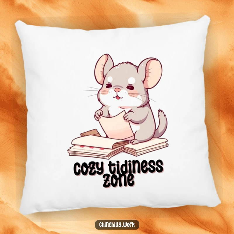 Funny Kawaii Chinchilla Pillow: Soft cushion featuring a chinchilla organizing papers, adds comfort and cute order, a funny gift.