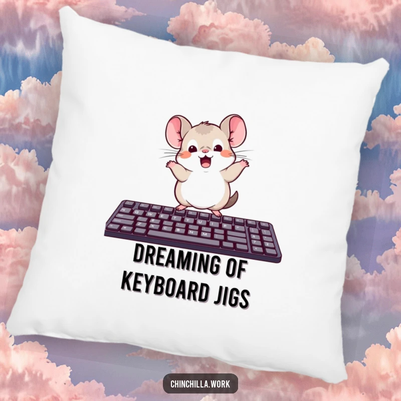Funny pillow featuring a kawaii office chinchilla dancing on a keyboard, a soft and humorous decorative item.