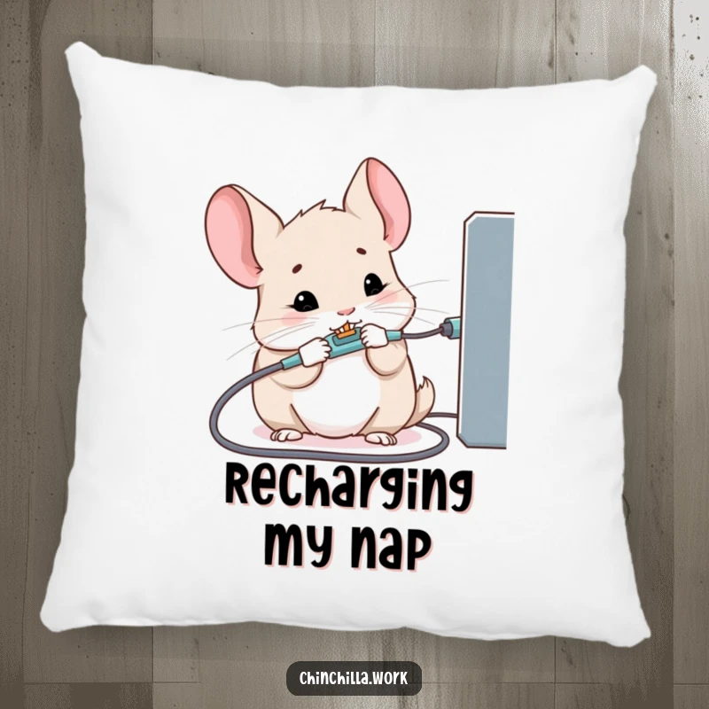 Funny pillow showcasing a kawaii office chinchilla chewing vigorously on a charging cable, plush and humorous.