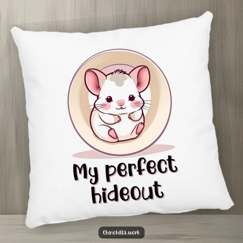 Funny pillow with a kawaii office chinchilla happily rolling inside a hollowed-out printer paper roll.