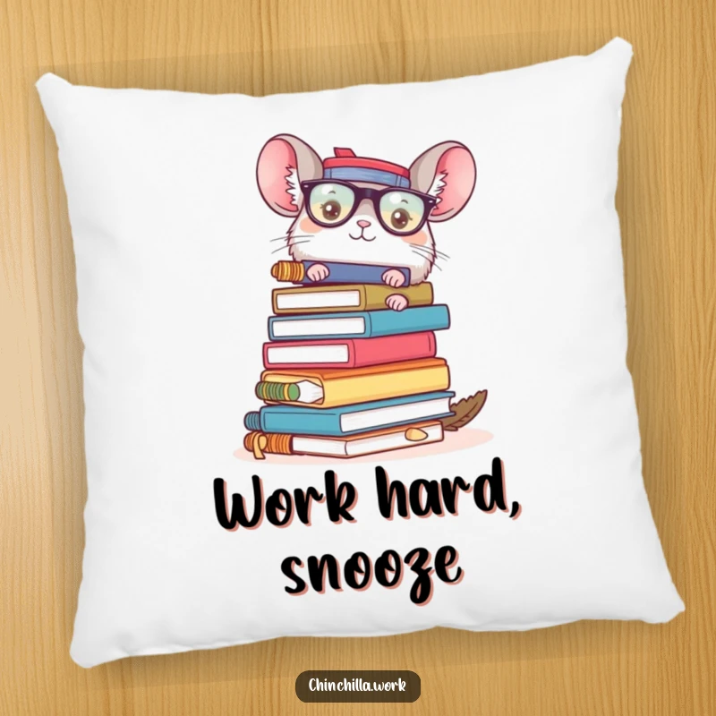 Funny chinchilla office chaos pillow featuring a character with a precarious stack of supplies, providing comfort and relatable humor.