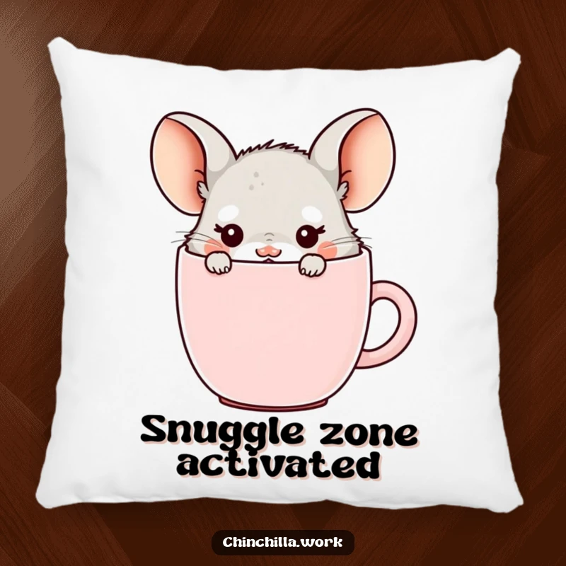 Funny office chinchilla pillow, hiding in a coffee mug with ears showing, perfect for adding cozy coffee break comfort.
