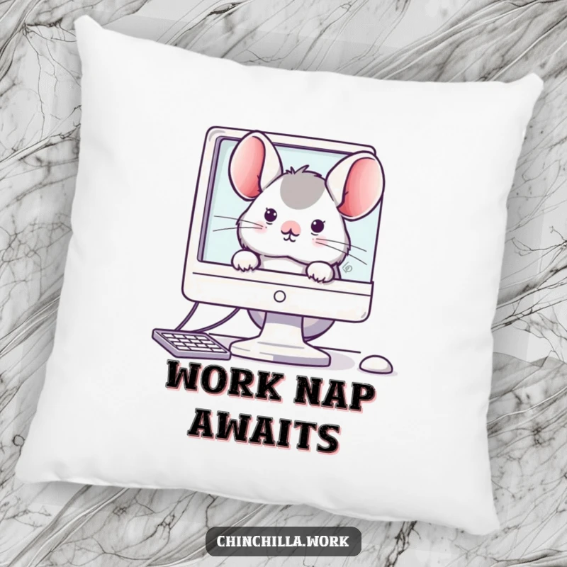 Funny pillow featuring a kawaii office chinchilla peeking from behind a monitor, bringing cozy workplace charm.