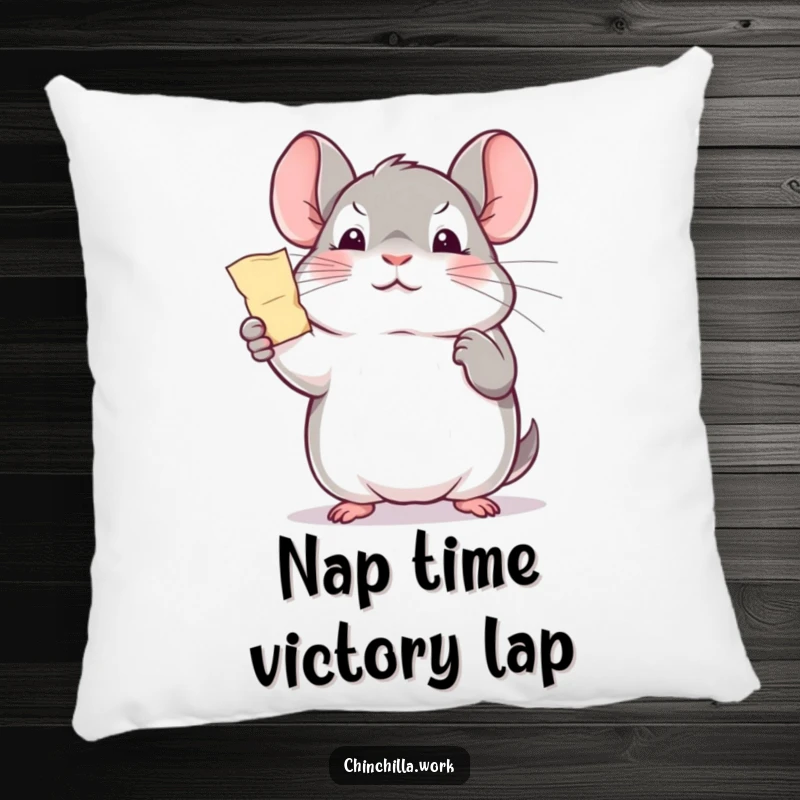Funny office chinchilla pillow, triumphantly holding a paper shred, perfect for adding achievement-themed comfort and humor.