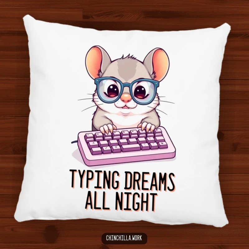 Funny Pillow: Determined chinchilla typing furiously on a small keyboard, offering humorous support and comfort for desk workers.