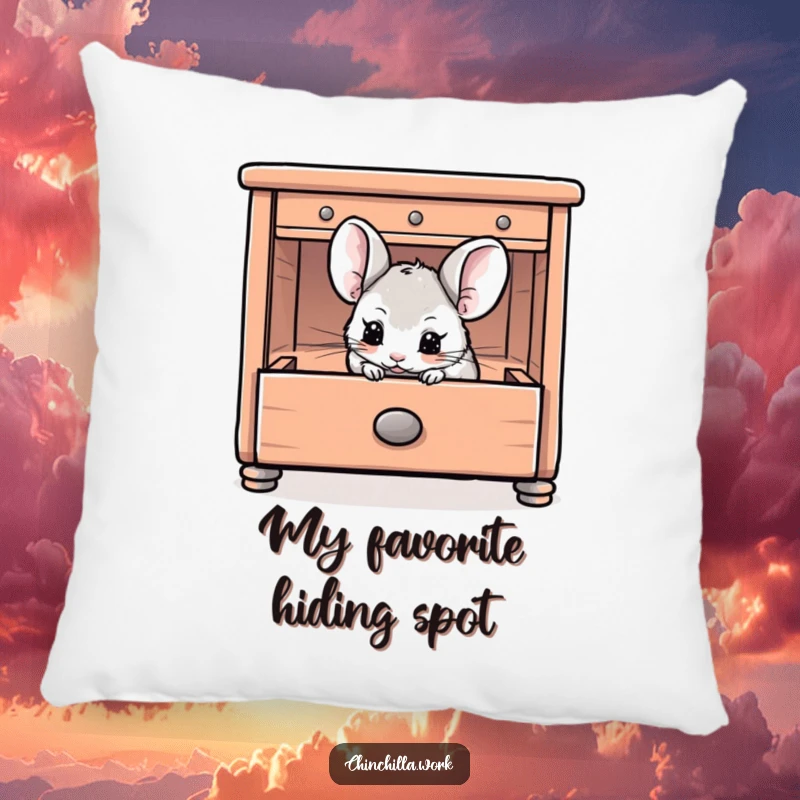 Funny Chinchilla Pillow featuring a chinchilla playfully hiding inside an open desk drawer, adding a touch of cozy whimsy.
