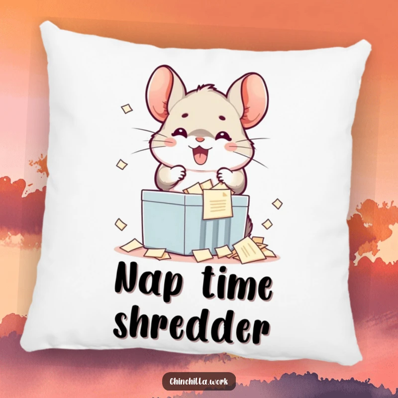 Funny kawaii chinchilla pillow featuring a happy character shredding documents, offering comfort and a dose of humor.
