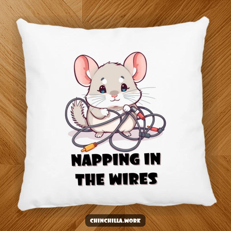 Funny Pillow: A kawaii chinchilla investigating tangled computer cables, perfect for adding comfort and humorous tech vibes.
