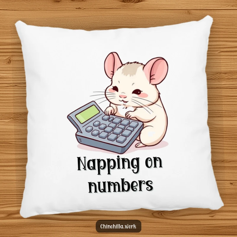 Funny chinchilla pillow featuring a rodent focused on a giant calculator, offering cozy comfort and office laughs.