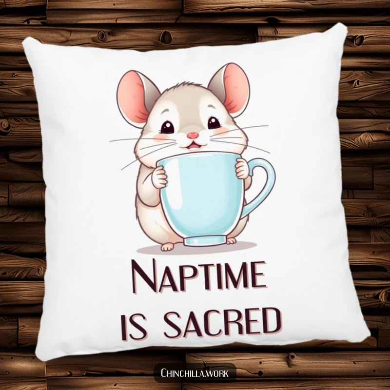 Funny chinchilla pillow showing a happy rodent holding a steaming mug, adding delightful comfort and humor.