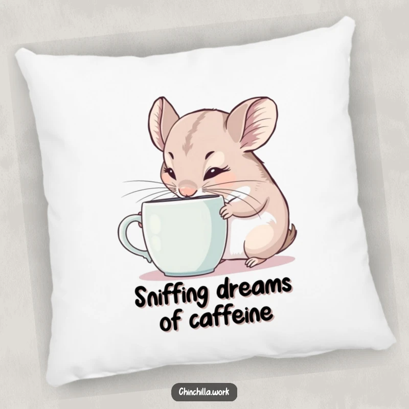 Funny Pillow: Curious chinchilla intensely sniffing a coffee mug, ears alert, offering humorous comfort and charm.